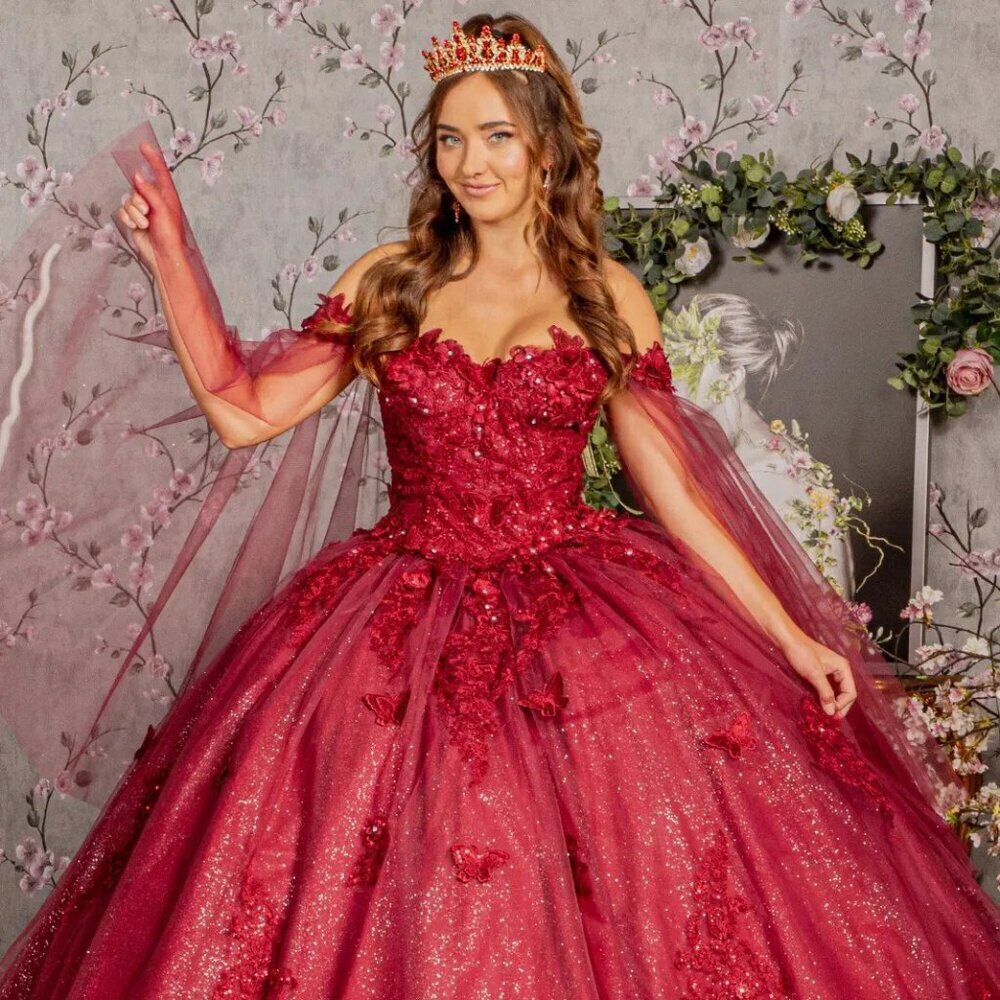 New Off Shoulder Butterfly Embellished Quinceanera Gown w/ Lace Up Back GL3181 - Picture 7 of 13